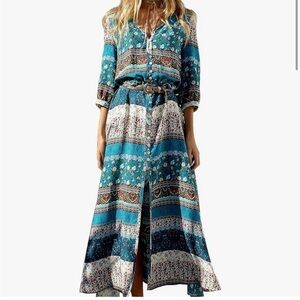 R. VIVIMOS Blue Bohemian Maxi Dress 3/4 Sleeve